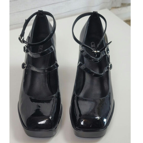 CIDER CHUNKY HEELED TRIPLE STRAP MARY JANES IN PATENT BLACK FAUX LEATHER, SZ 9 - Picture 3 of 16